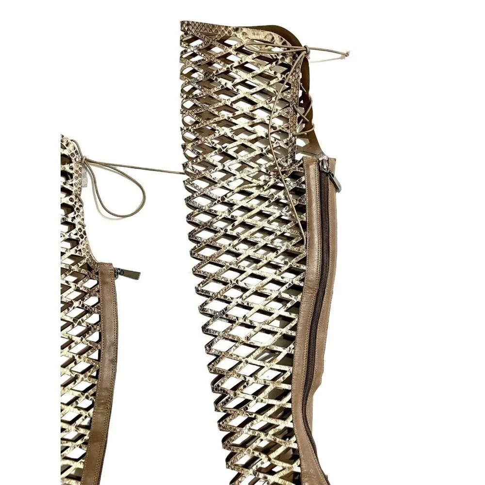 Schutz Karlyana Caged Over The Knee Laser Cut Peep Toe Boots Snake Print